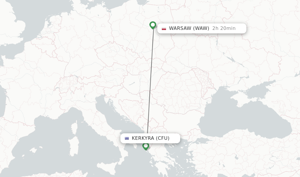 Flights from Kerkyra to Warsaw route map