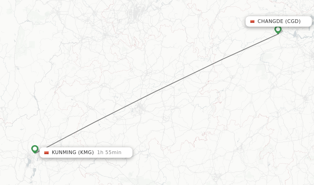 Flights from Changde to Kunming route map