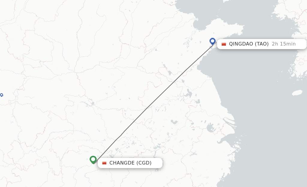 Flights from Changde to Qingdao route map