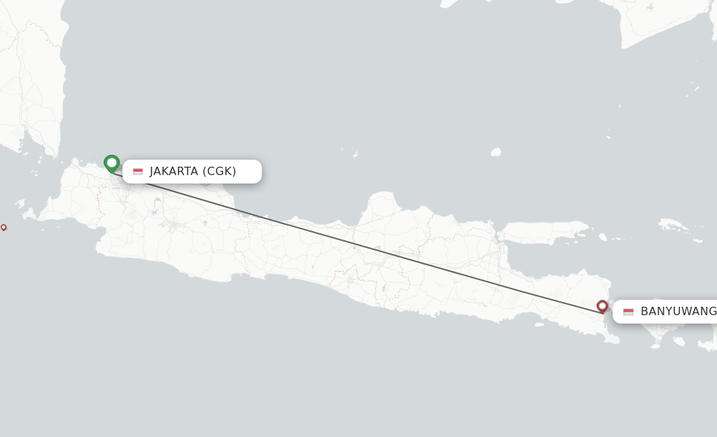 Flights from Jakarta to Banyuwangi route map