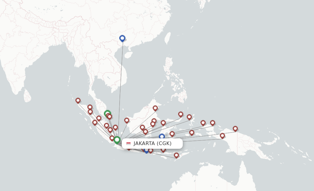 Route map with flights from Jakarta with Batik Air