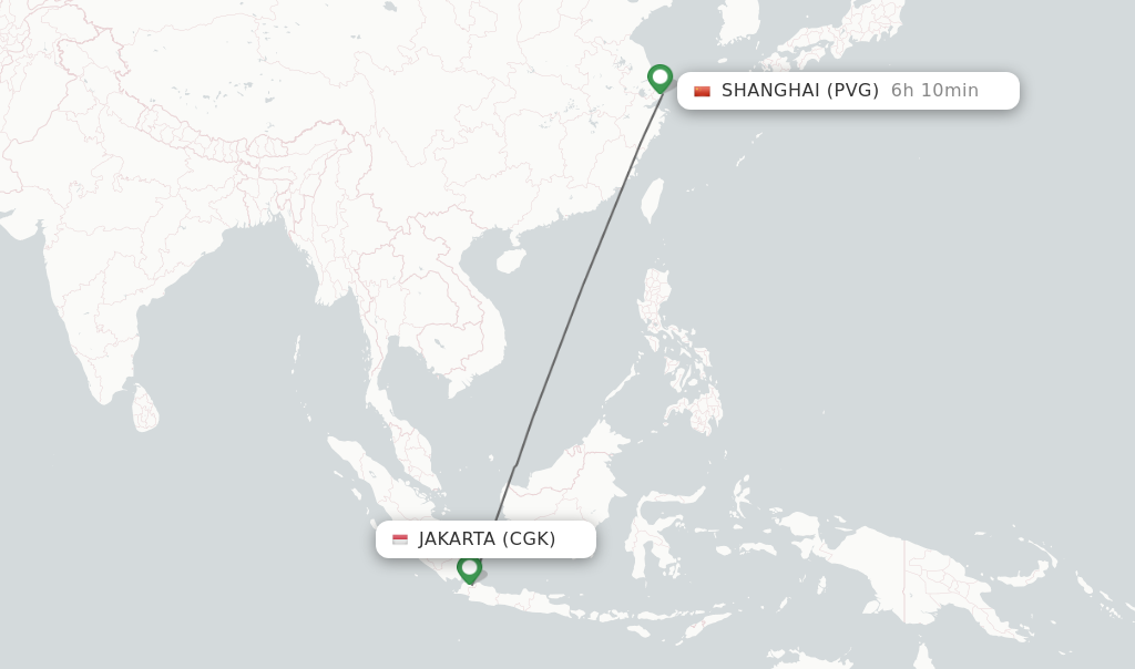 Flights from Jakarta to Shanghai route map