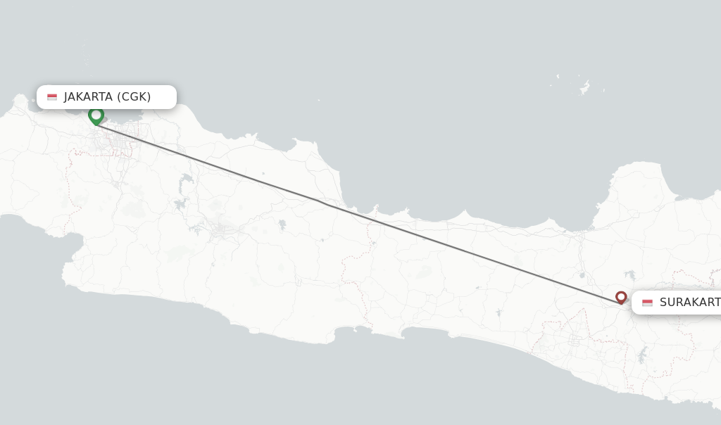Flights from Jakarta to Surakarta route map