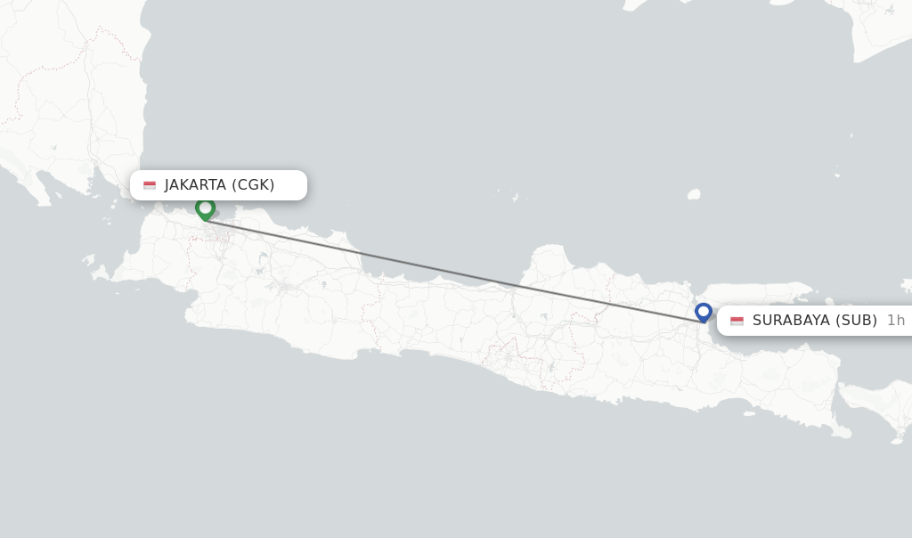 Flights from Jakarta to Surabaya route map