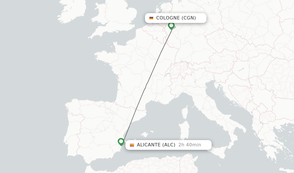 Flights from Cologne to Alicante route map