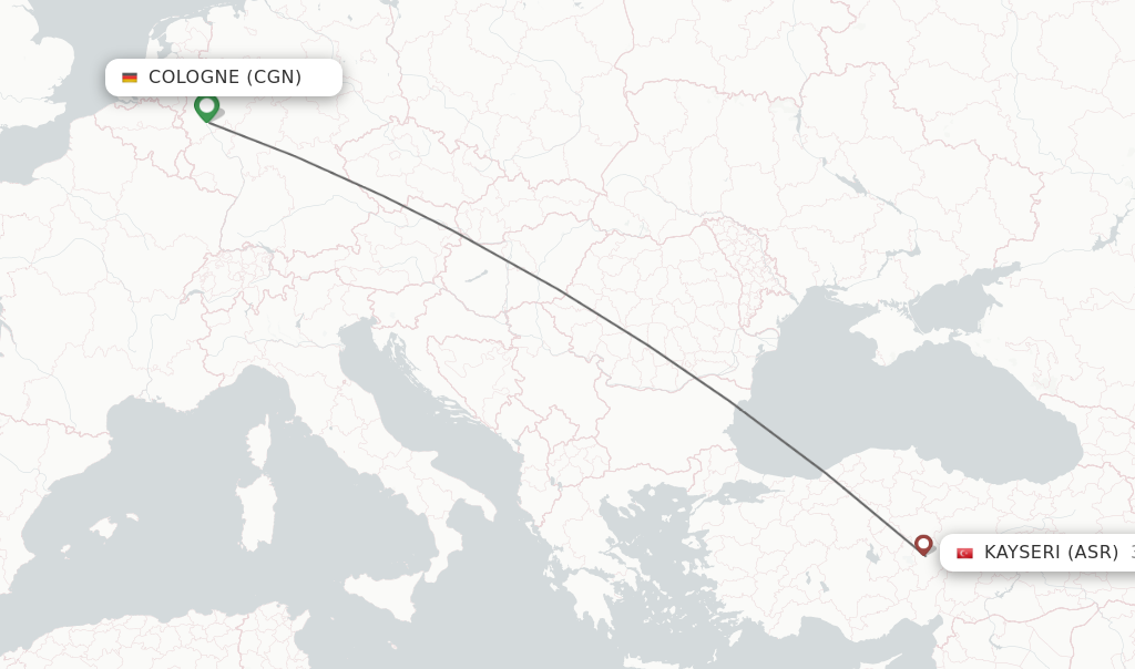 Flights from Cologne to Kayseri route map