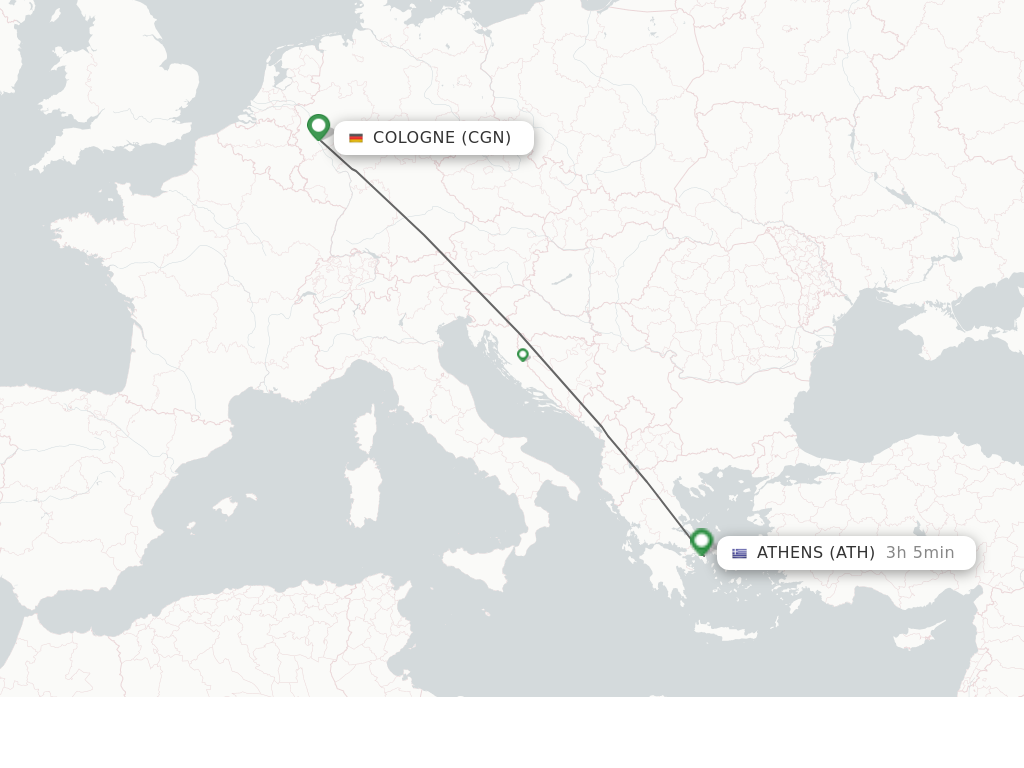 Flights from Cologne to Athens route map
