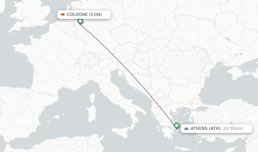 Flights from Cologne to Athens route map