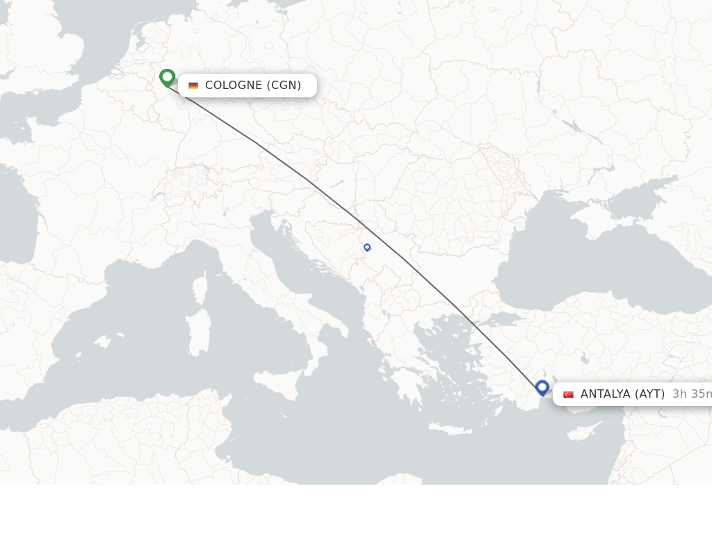 Flights from Cologne to Antalya route map