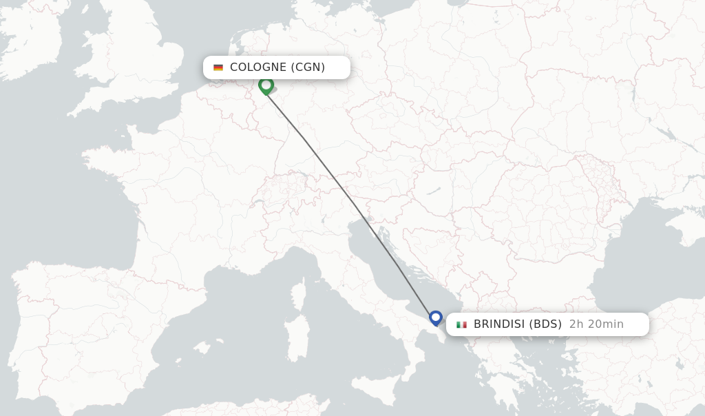Flights from Cologne to Brindisi route map