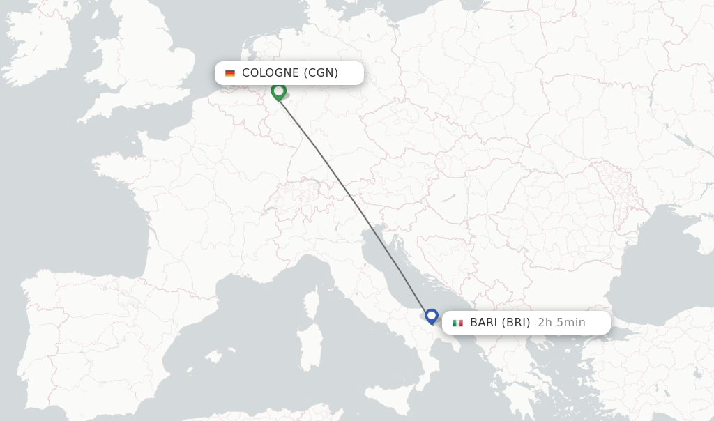 Flights from Cologne to Bari route map
