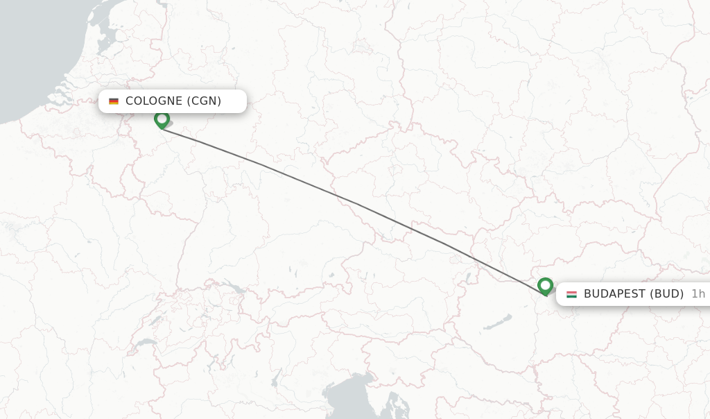 Flights from Cologne to Budapest route map