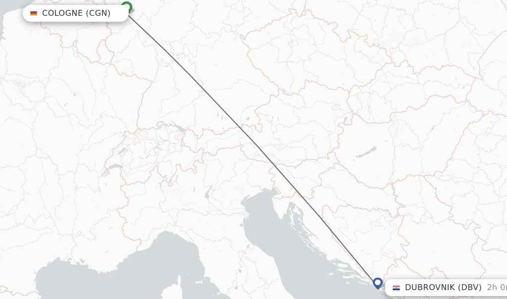 Flights from Cologne to Dubrovnik route map
