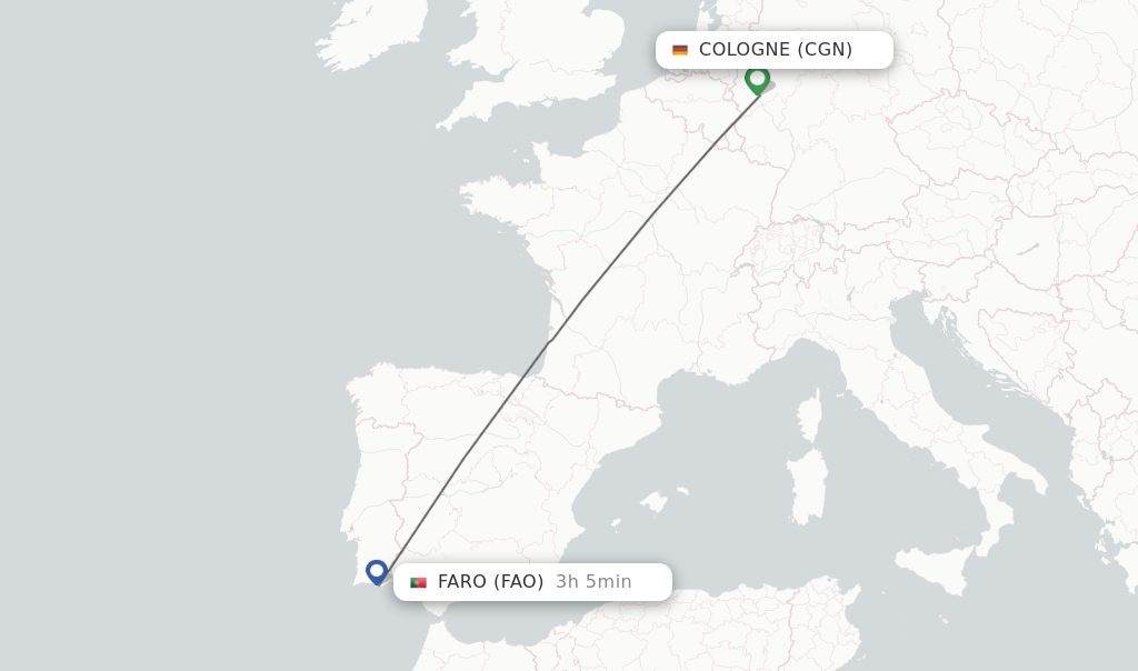 Flights from Cologne to Faro route map