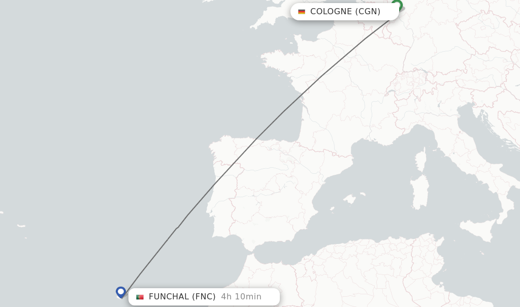 Flights from Cologne to Funchal route map