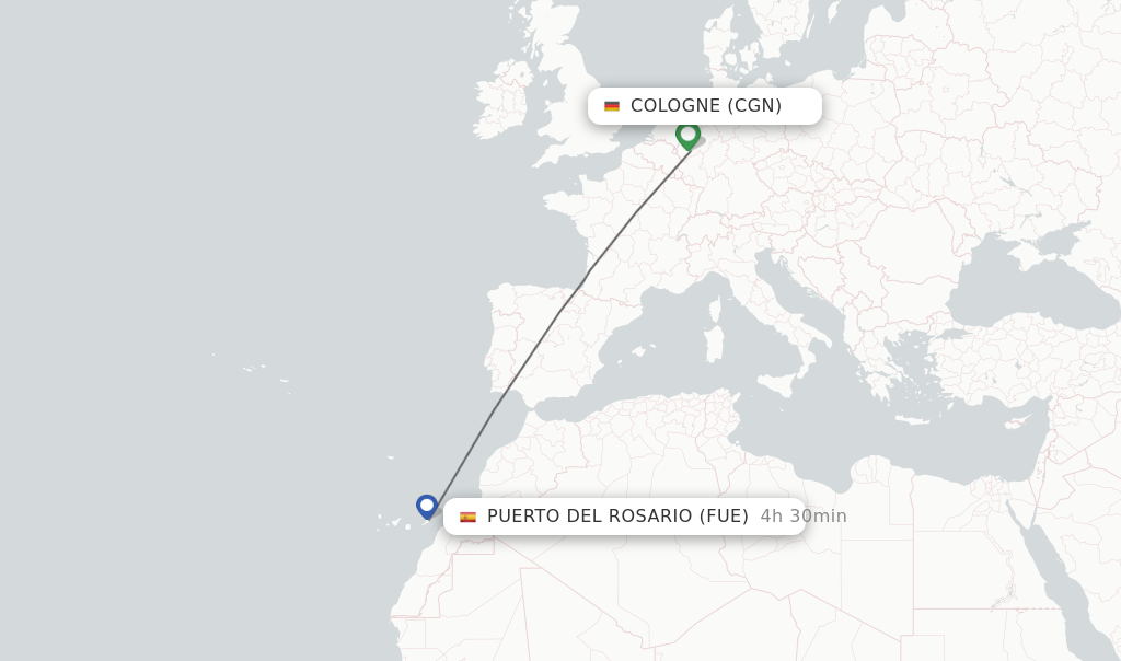 Flights from Cologne to Puerto del Rosario route map