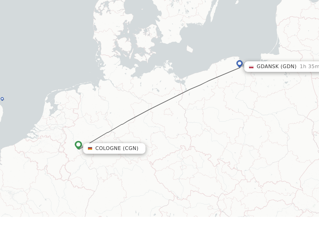 Flights from Cologne to Gdansk route map