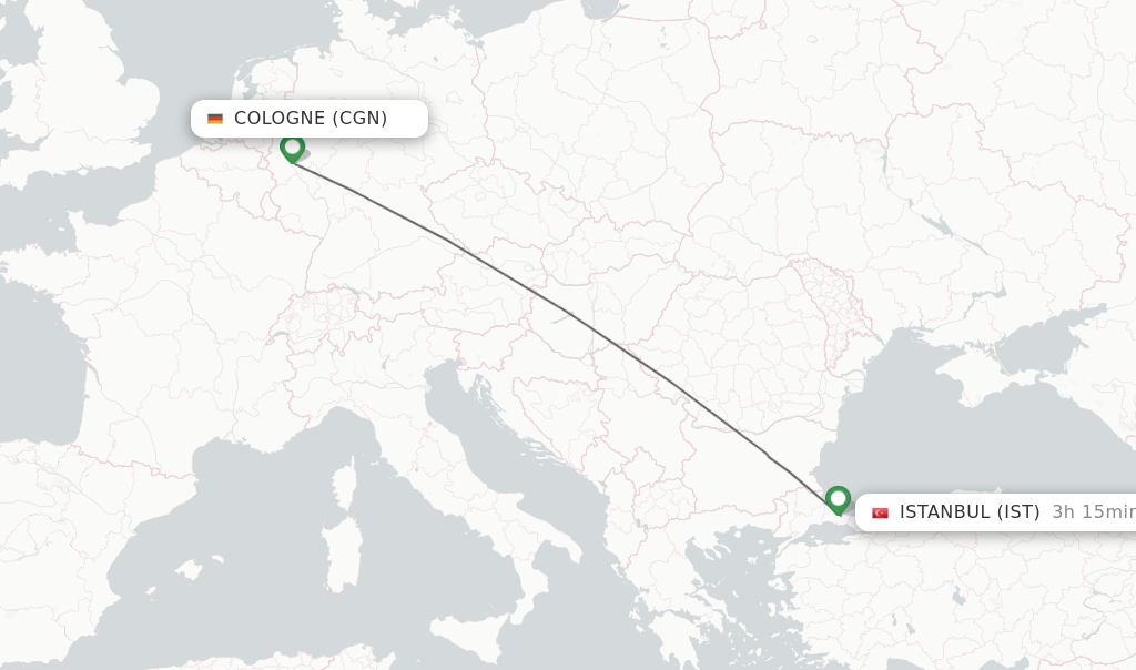 Flights from Cologne to Istanbul route map