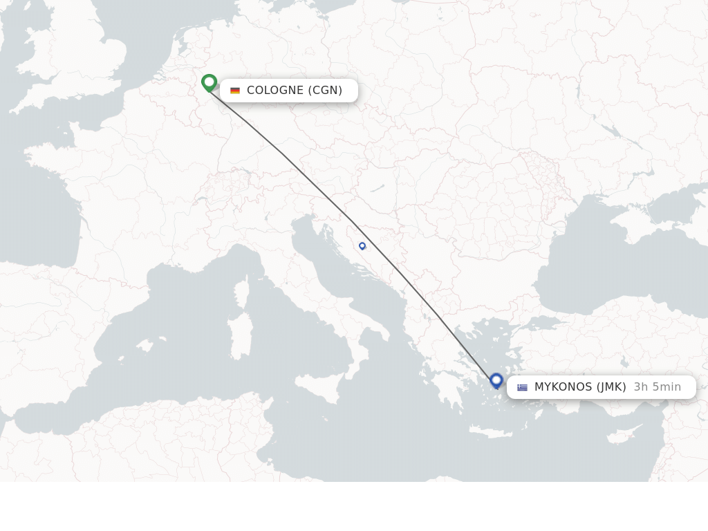 Flights from Cologne to Mykonos route map