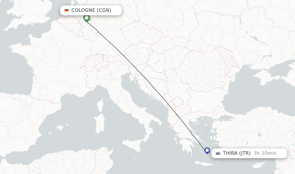 Flights from Cologne to Thira route map