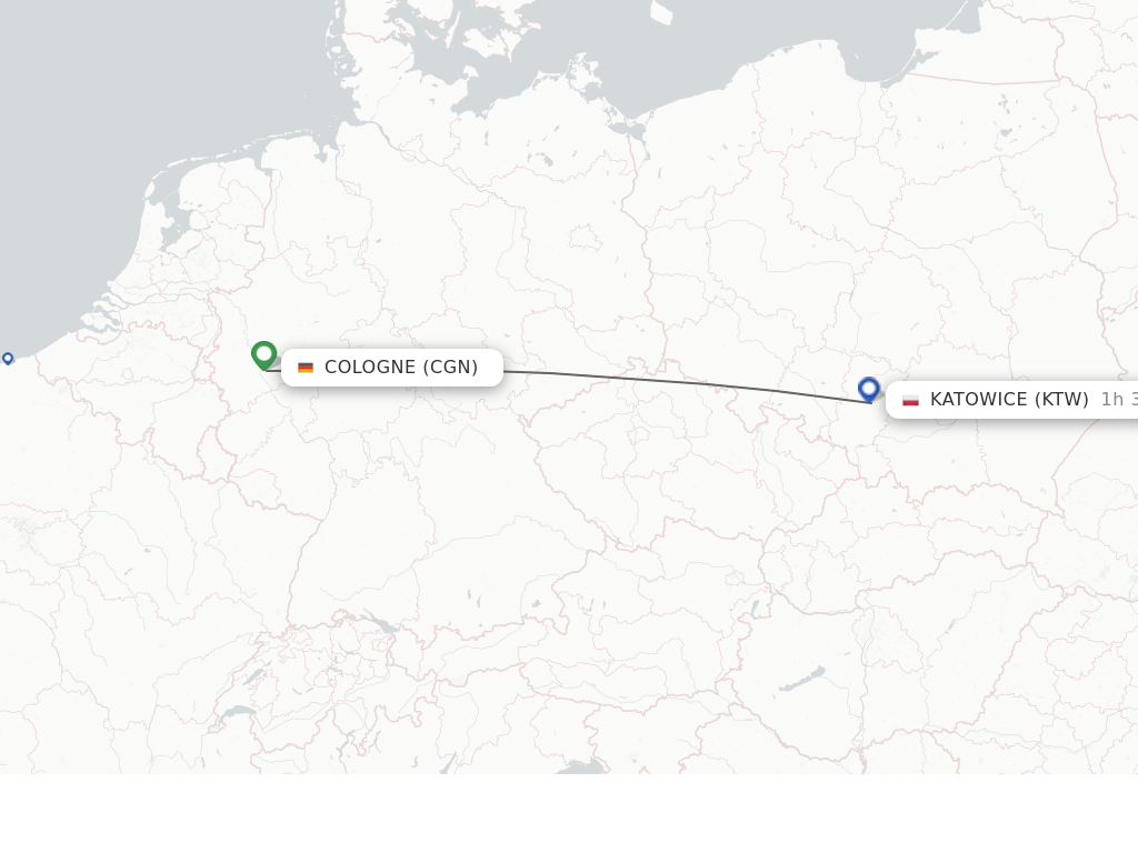 Flights from Cologne to Katowice route map