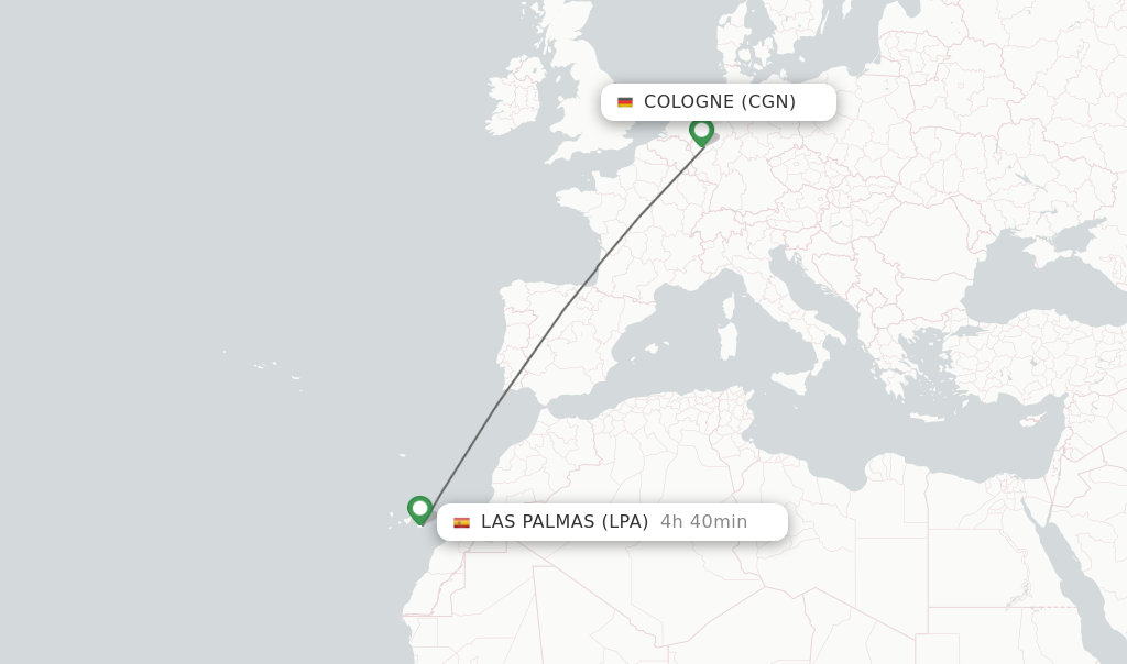 Flights from Cologne to Las Palmas route map