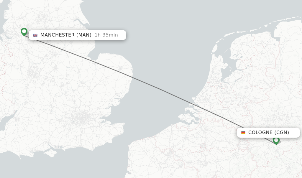Flights from Cologne to Manchester route map