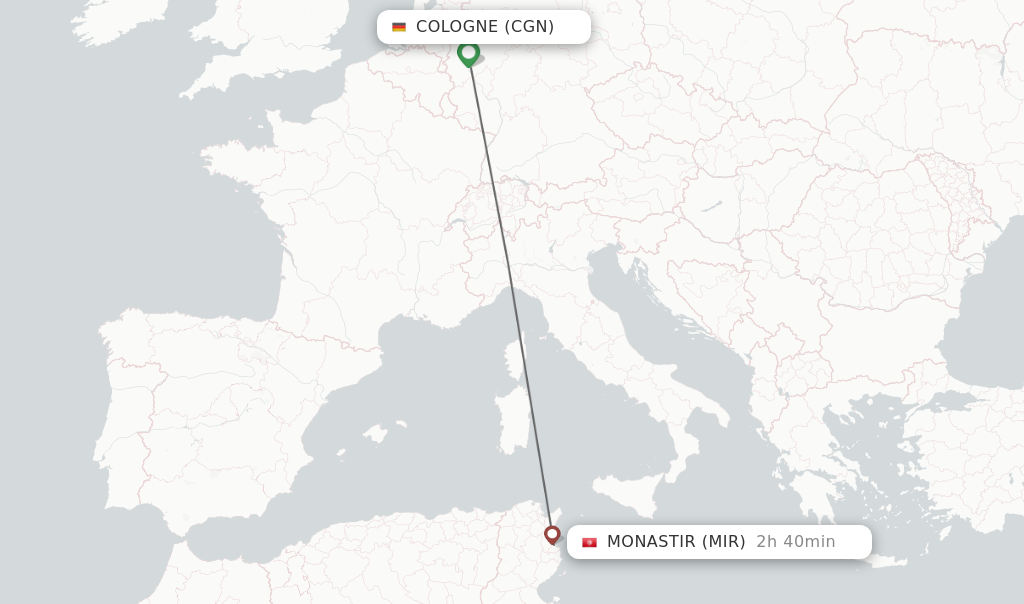 Flights from Cologne to Monastir route map