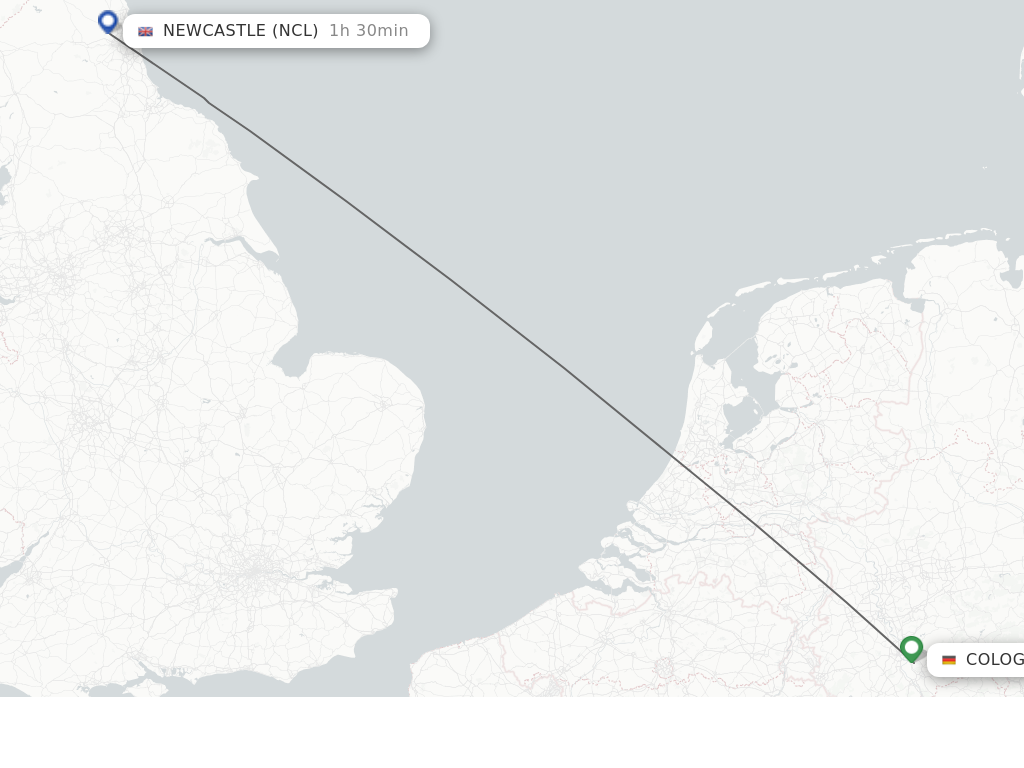 Flights from Cologne to Newcastle route map