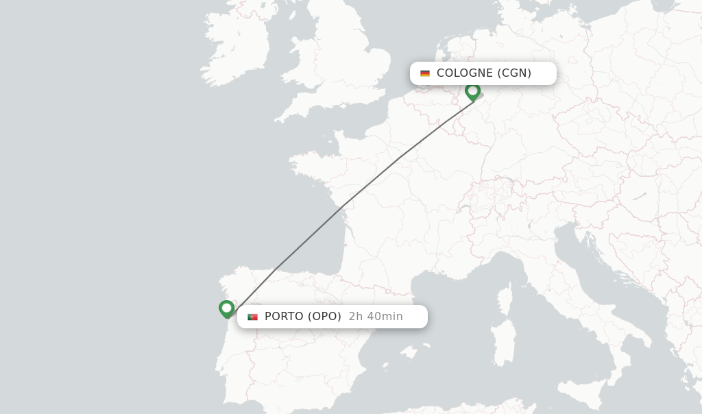 Flights from Cologne to Porto route map