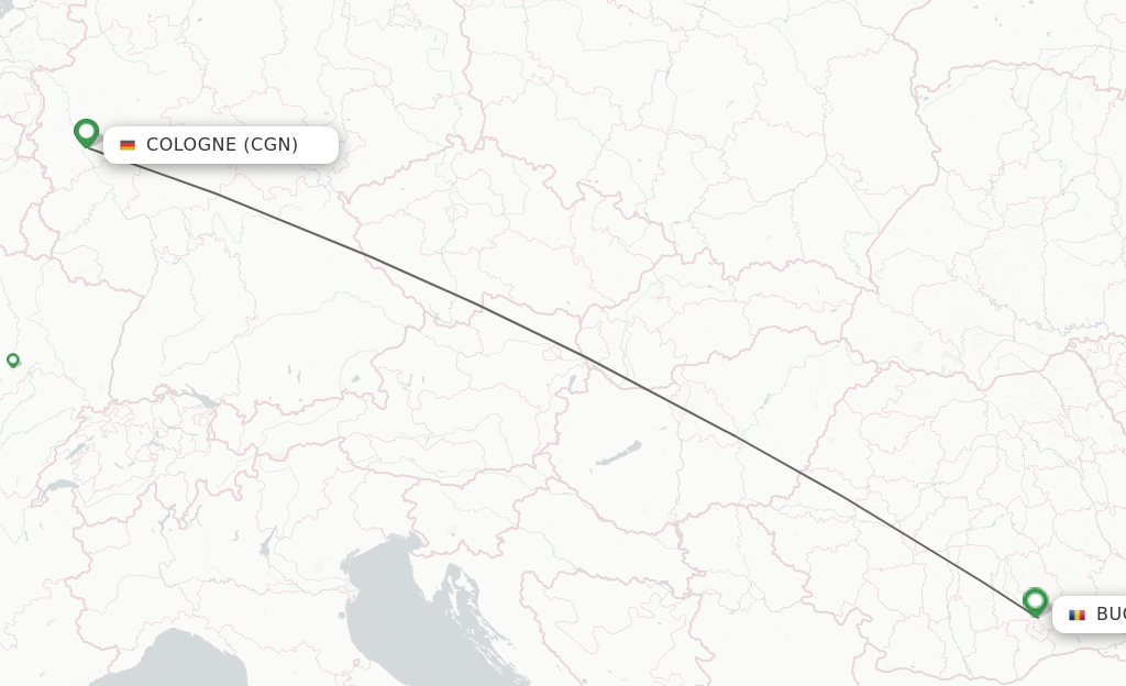 Flights from Cologne to Bucharest route map