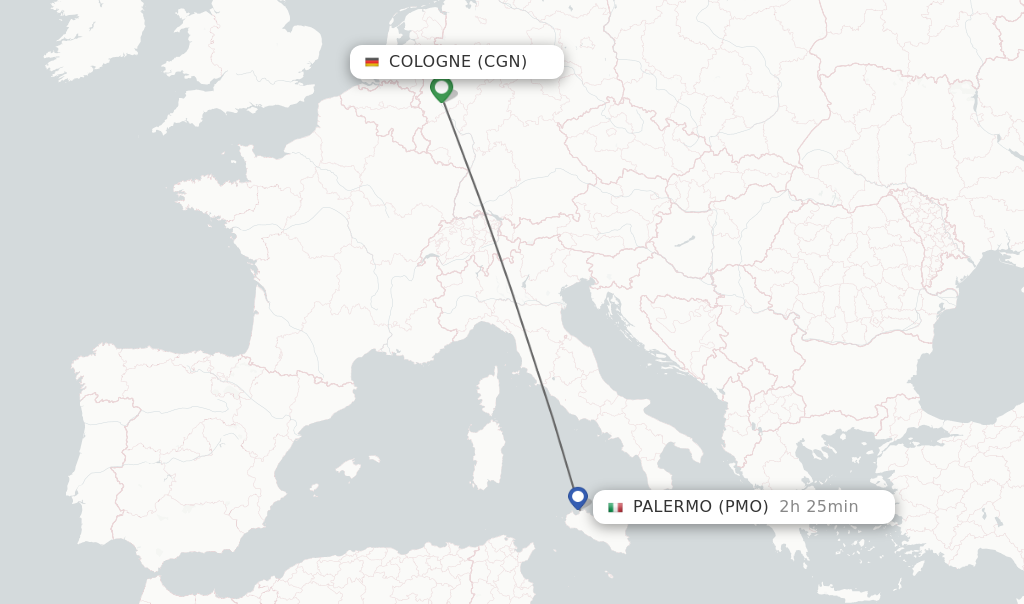 Flights from Cologne to Palermo route map