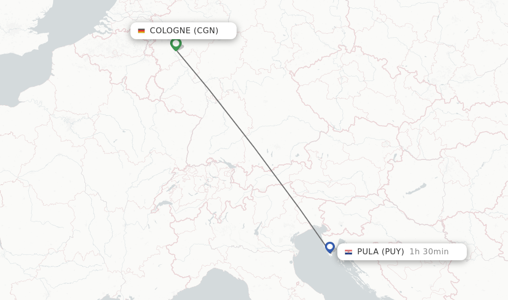 Flights from Cologne to Pula route map