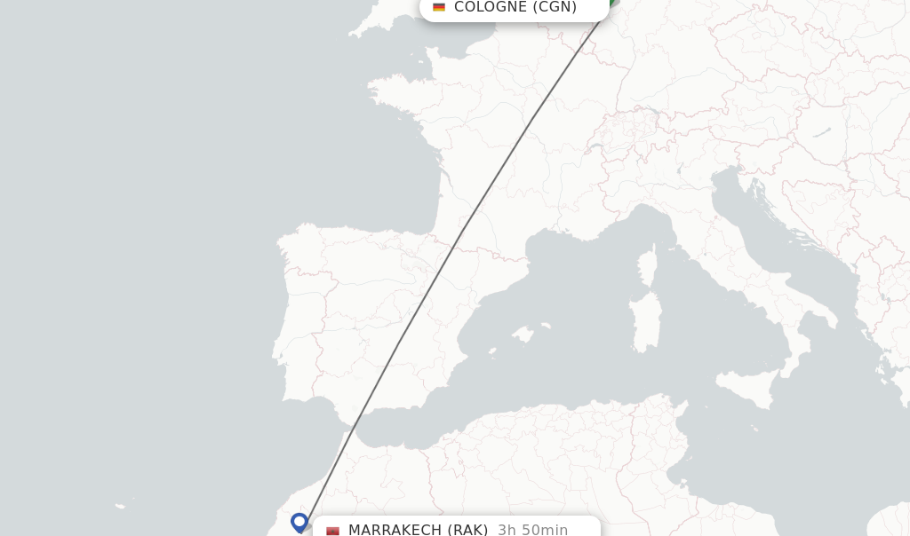 Flights from Cologne to Marrakech route map