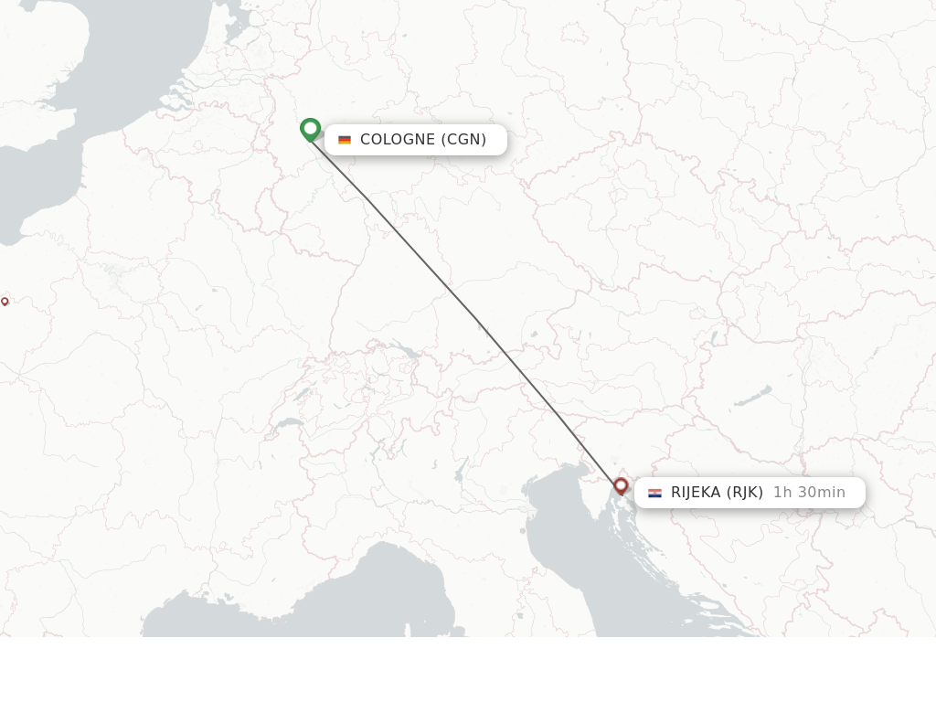 Flights from Cologne to Rijeka route map