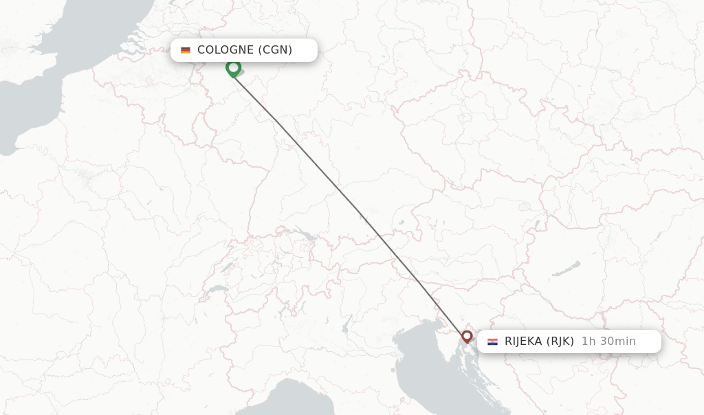Flights from Cologne to Rijeka route map