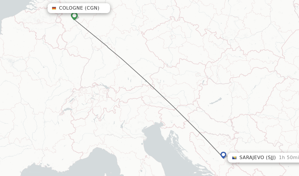 Flights from Cologne to Sarajevo route map