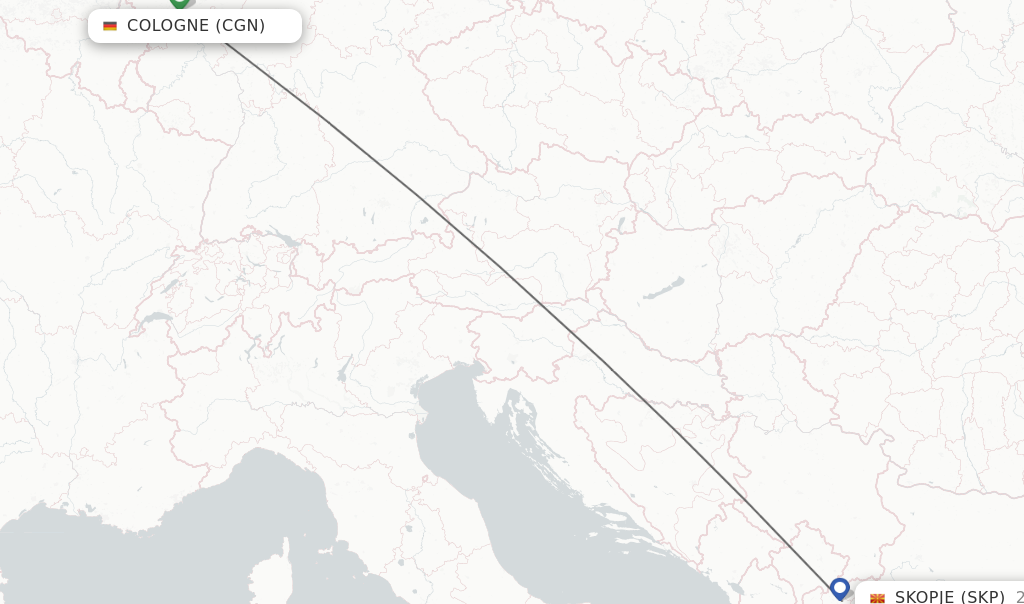 Flights from Cologne to Skopje route map