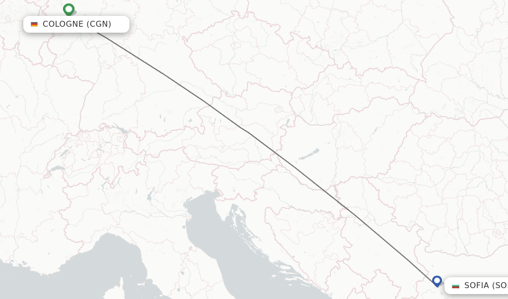 Flights from Cologne to Sofia route map