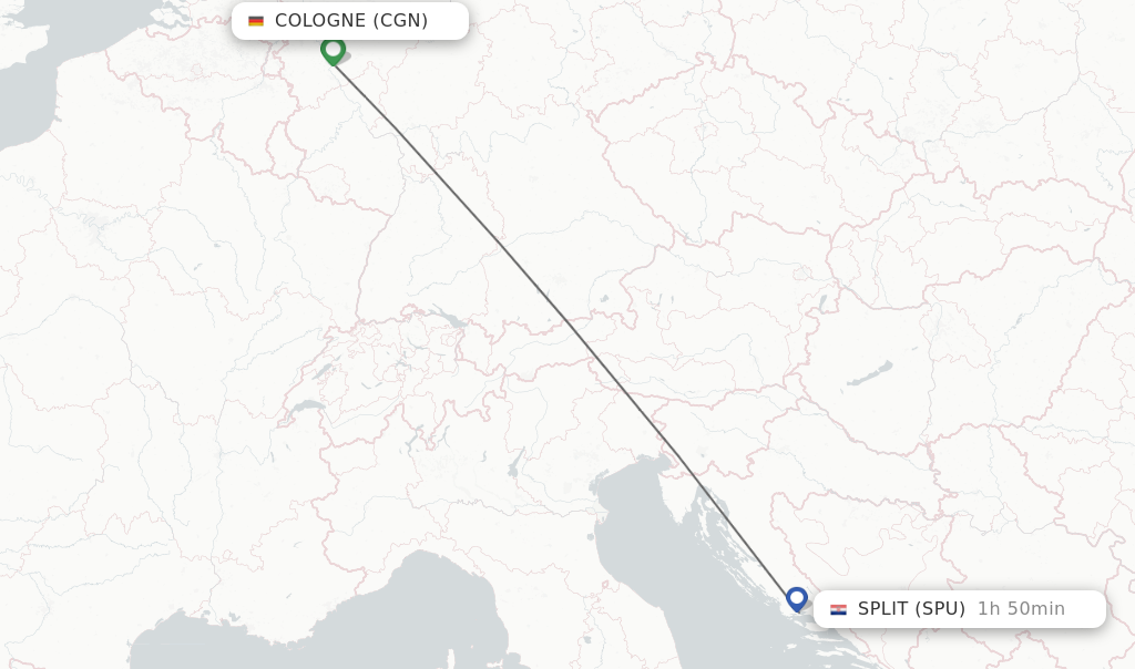 Flights from Cologne to Split route map