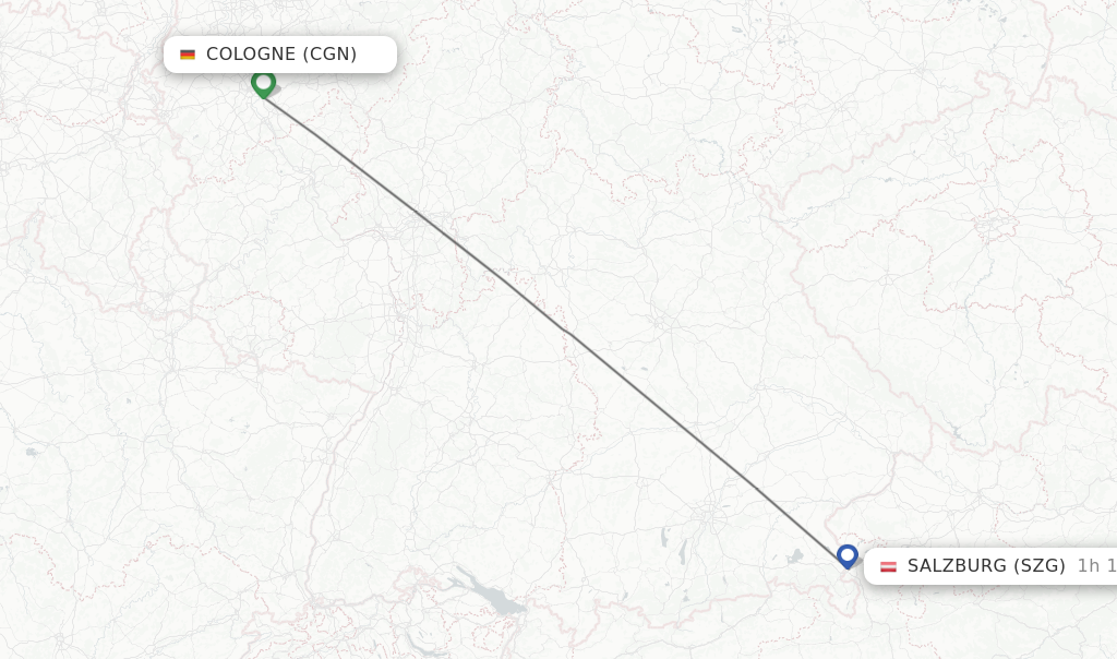 Flights from Cologne to Salzburg route map