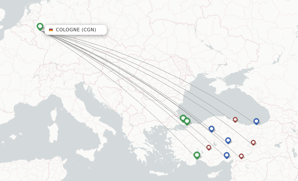 Route map with flights from Cologne with Turkish Airlines