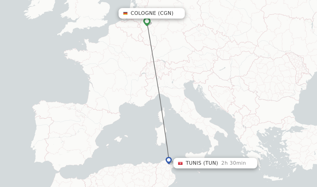Flights from Cologne to Tunis route map