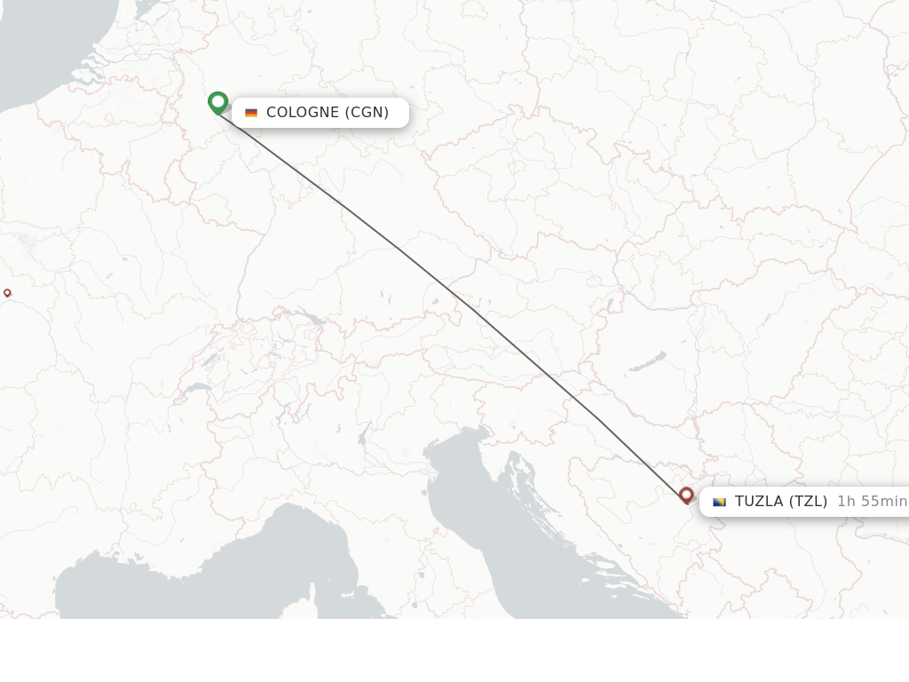 Flights from Cologne to Tuzla route map