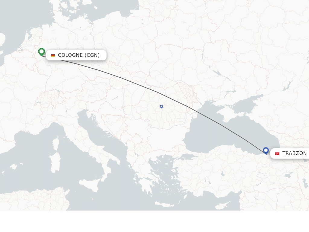 Flights from Cologne to Trabzon route map