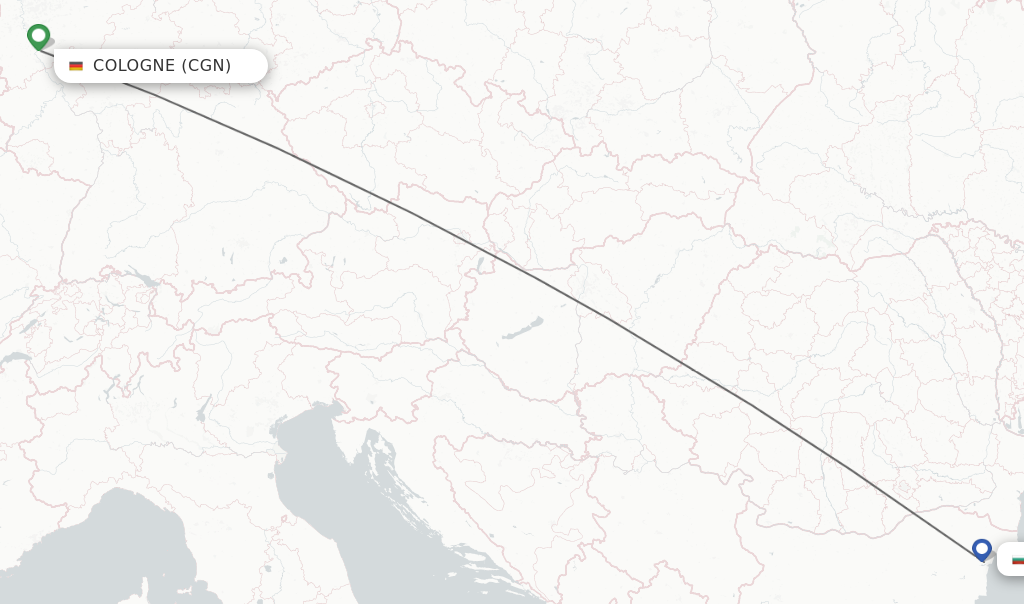 Flights from Cologne to Varna route map