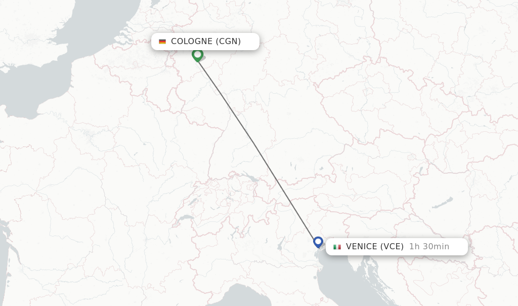 Flights from Cologne to Venice route map