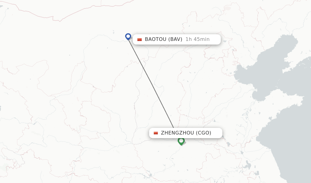 Flights from Zhengzhou to Baotou route map