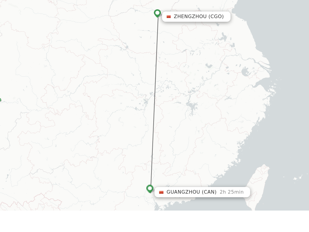 Flights from Zhengzhou to Guangzhou route map