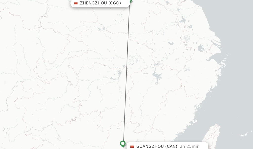 Flights from Zhengzhou to Guangzhou route map